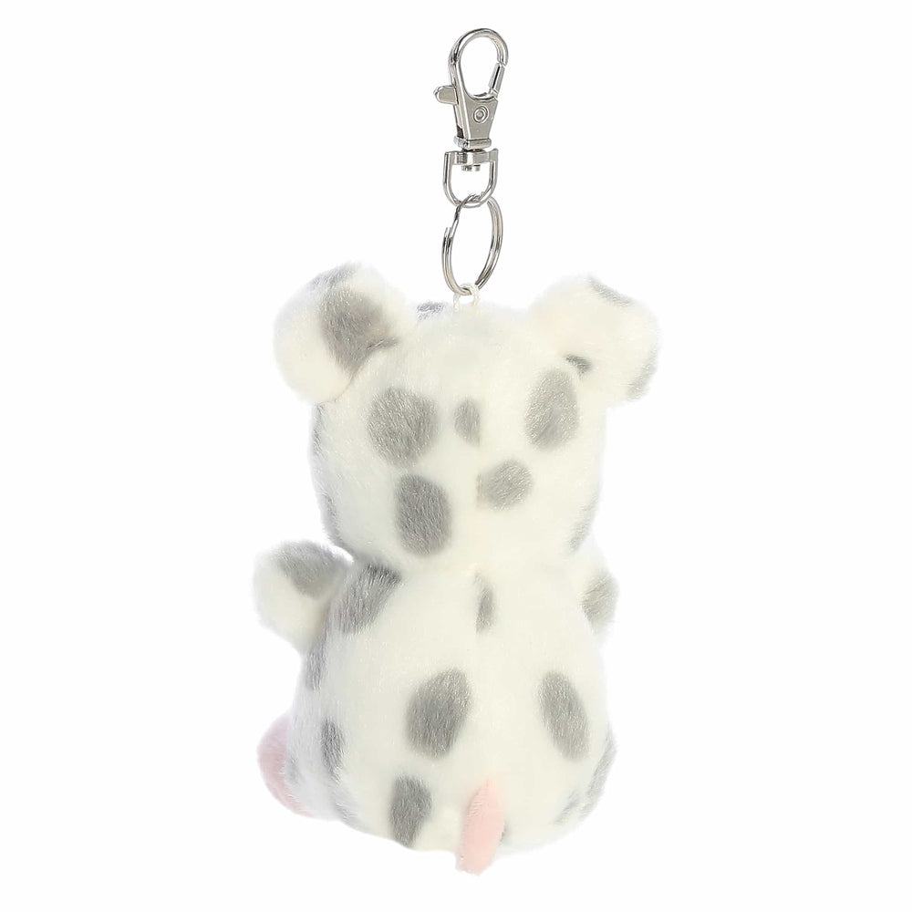 Aurora Palm Pals Piggles spotted piglet clip-on plush, white fur with gray spots and pink feet
