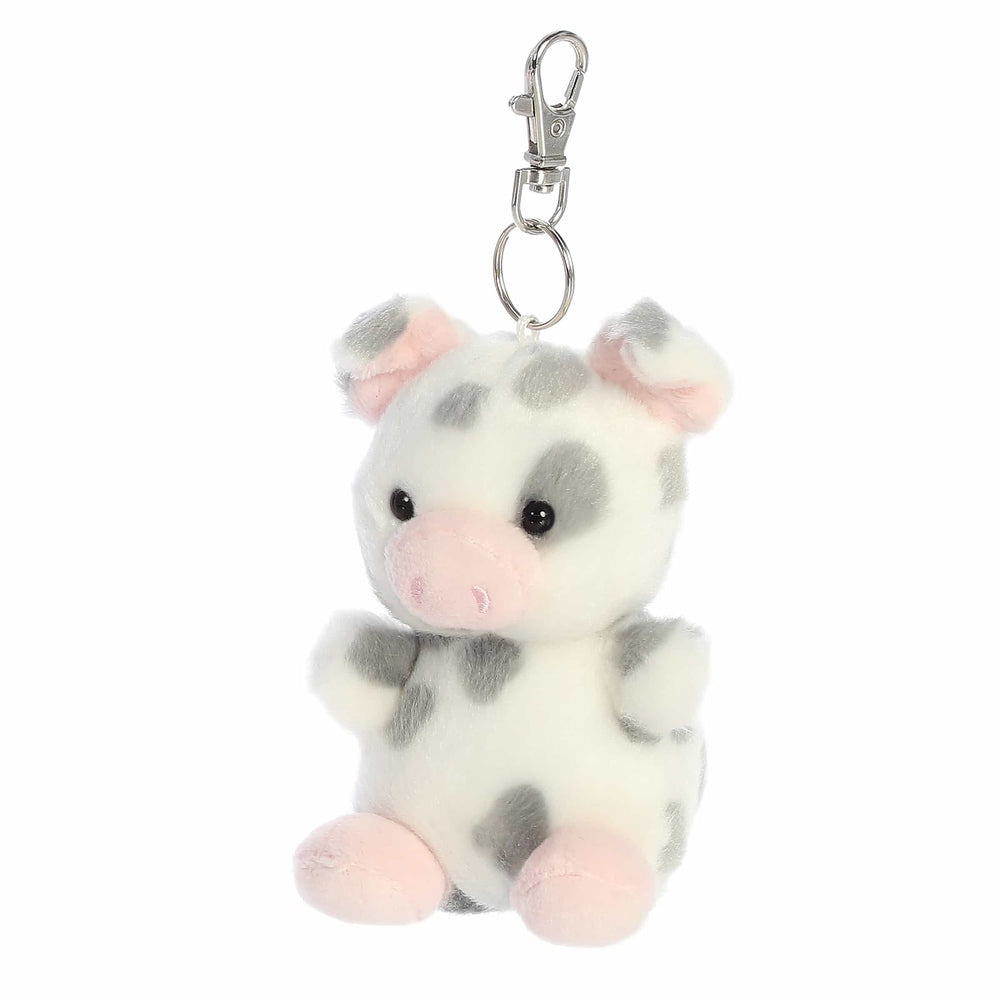 Aurora Palm Pals Piggles 4-inch spotted piglet plush clip-on keychain, white with gray spots and pink snout/hooves >