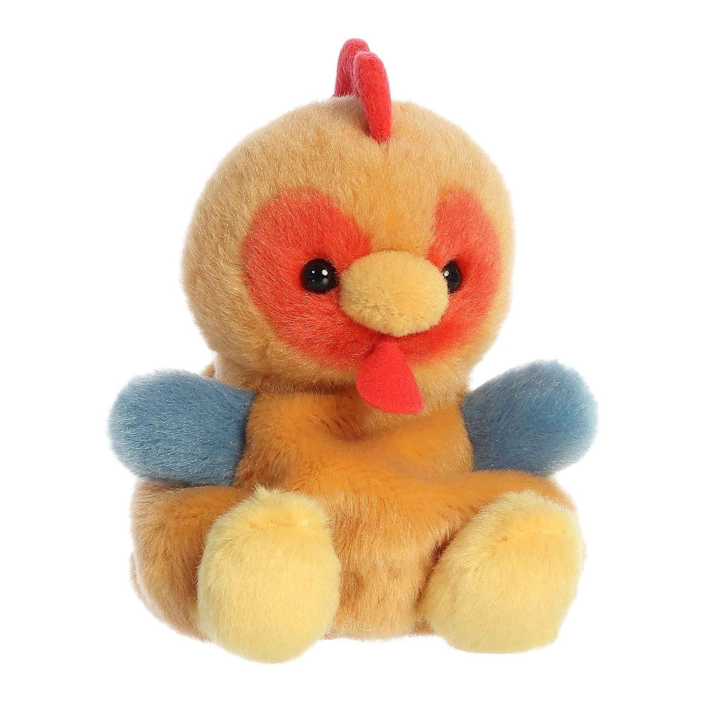 Aurora Palm Pals red rooster plush, 5-inch stuffed animal with orange body, red face, blue wings