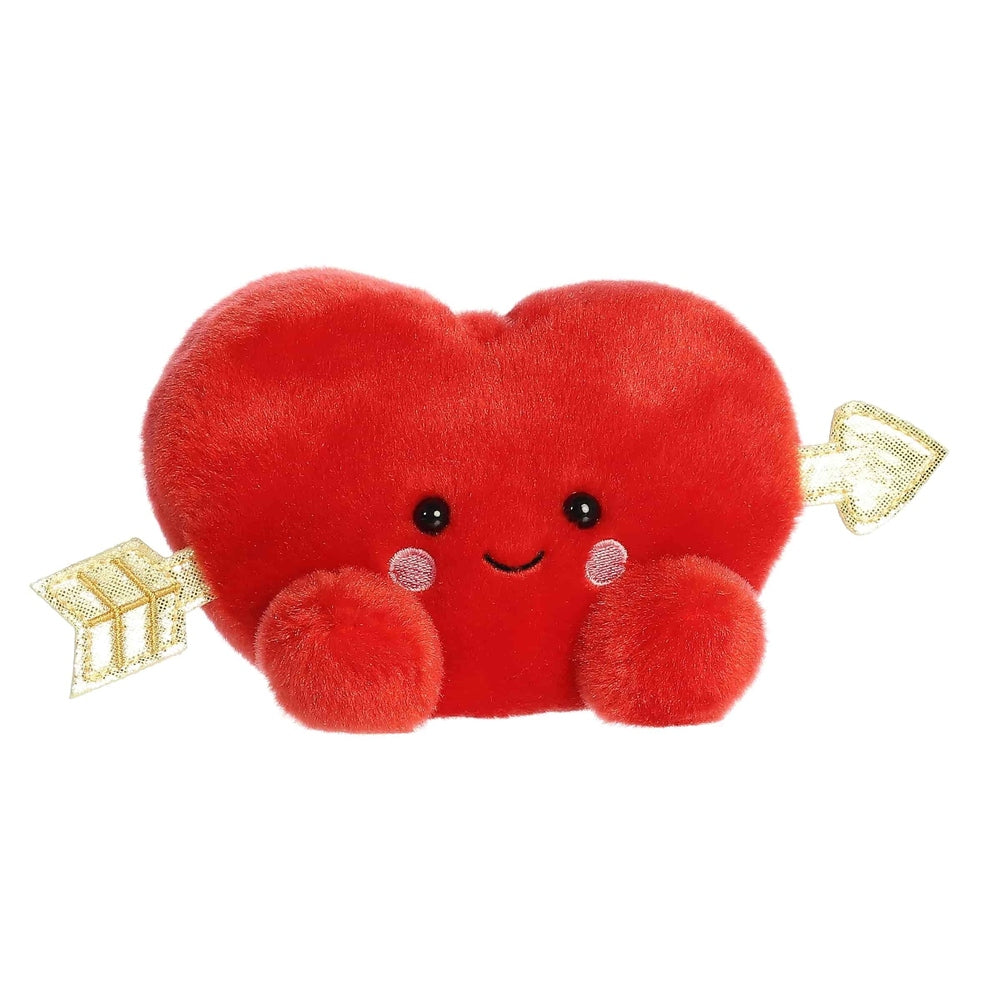Red plush heart toy with cute face, tiny paws, and gold arrow accents.