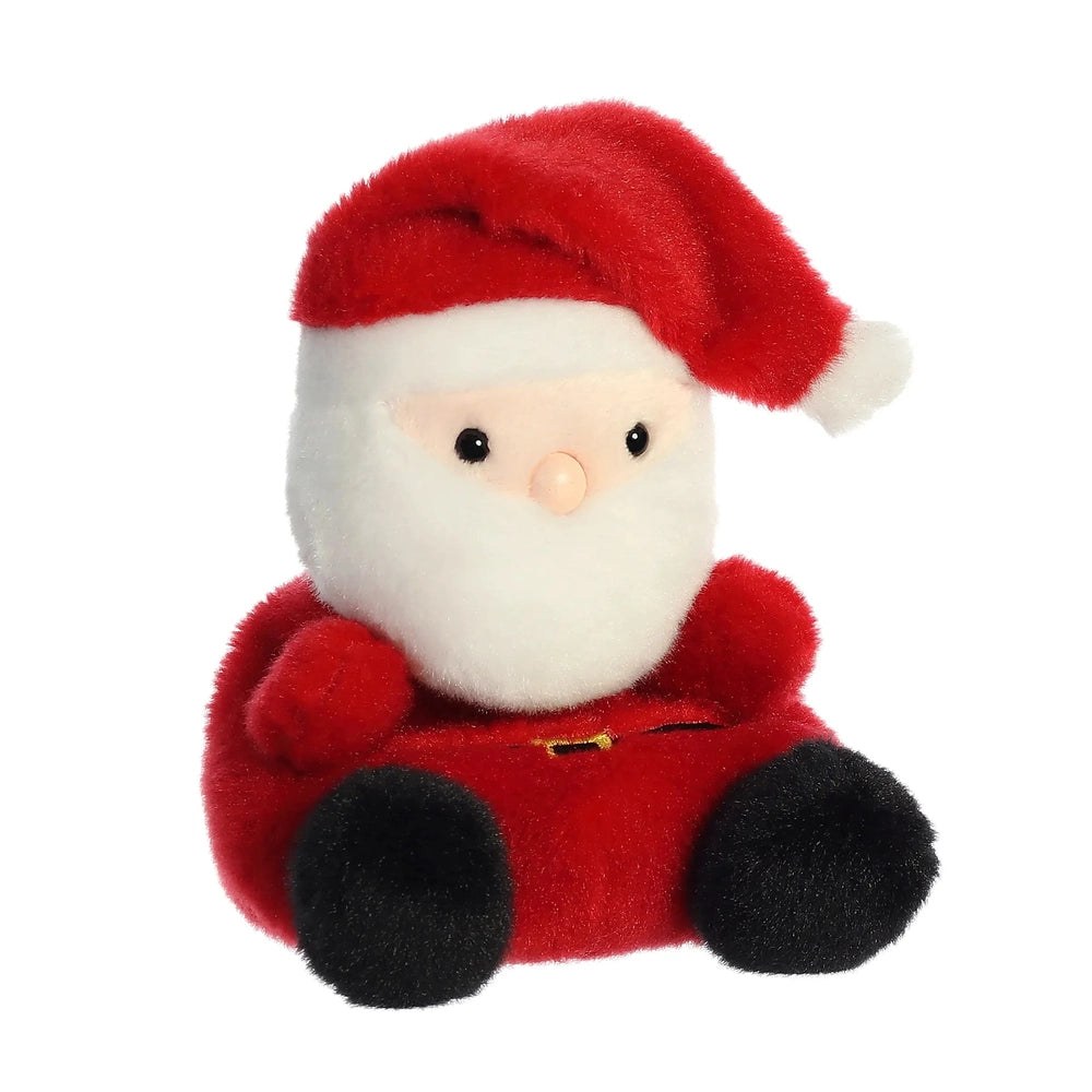 Aurora Palm Pals Santa 5" plush toy sits upright in a red suit with white beard and black feet.