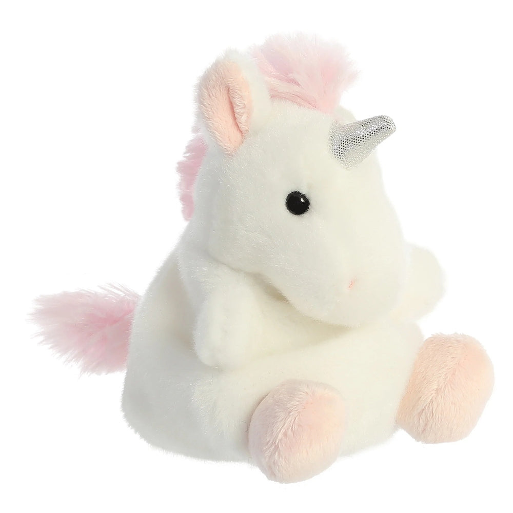 Palm Pals Sassy Unicorn plush by Aurora, white body with pink mane and tail, silver horn