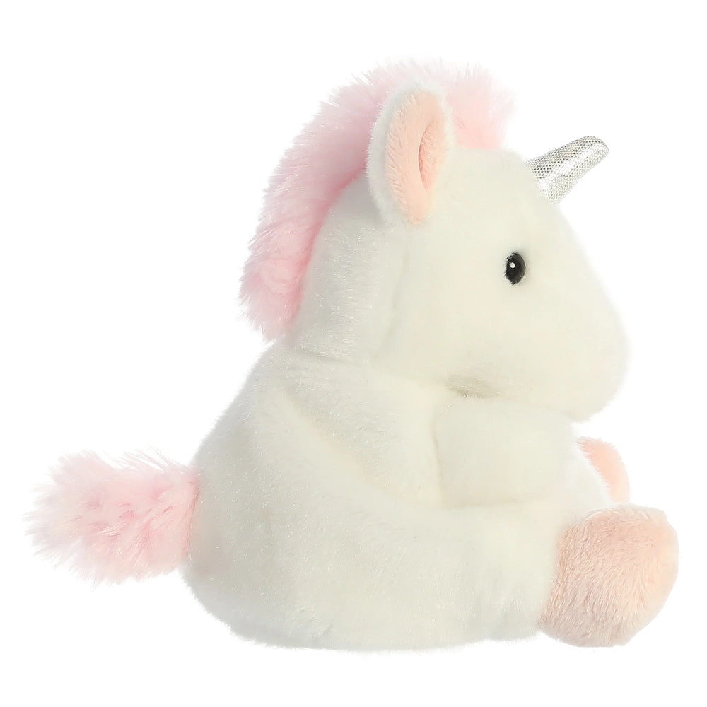 Aurora Palm Pals Sassy Unicorn 5-inch plush stuffed animal with white fur, pink mane and tail, silver horn