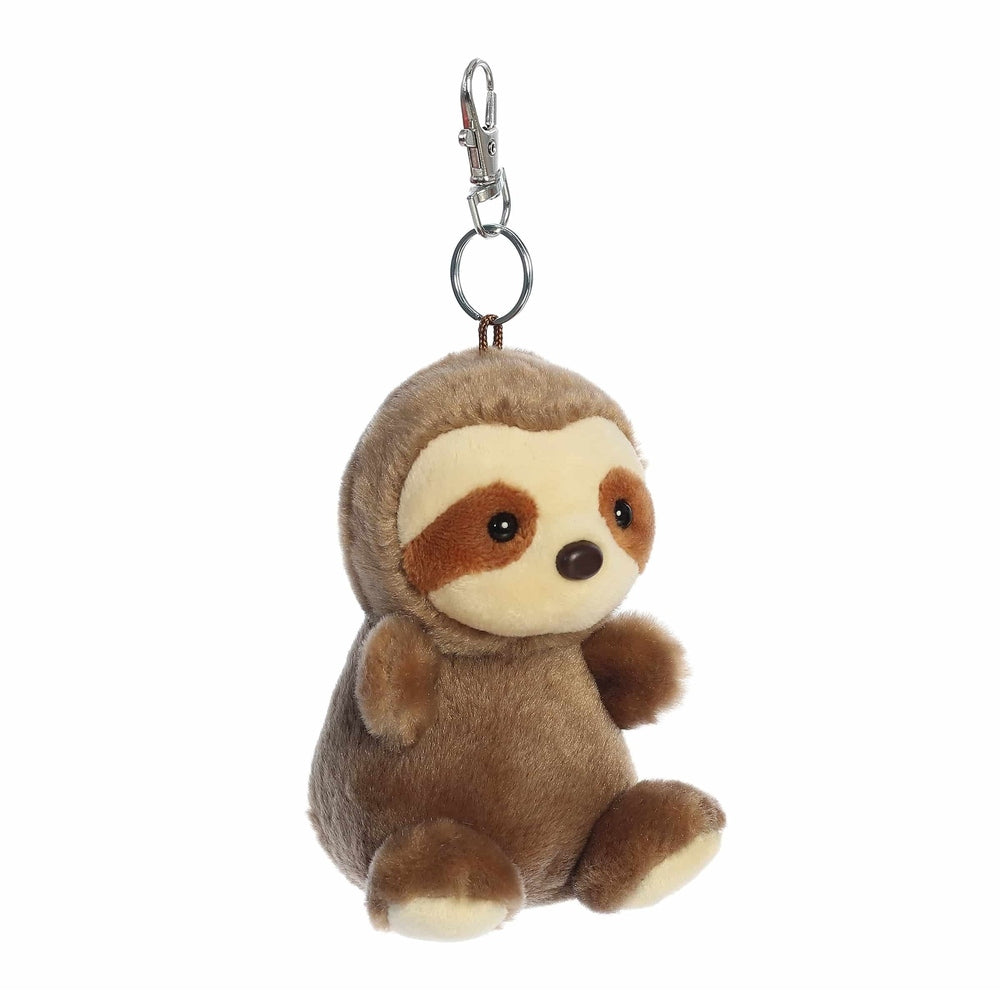Aurora Palm Pals Slomo Sloth Clip-On plush toy in brown with cream face, attached to a metal clip and ring.