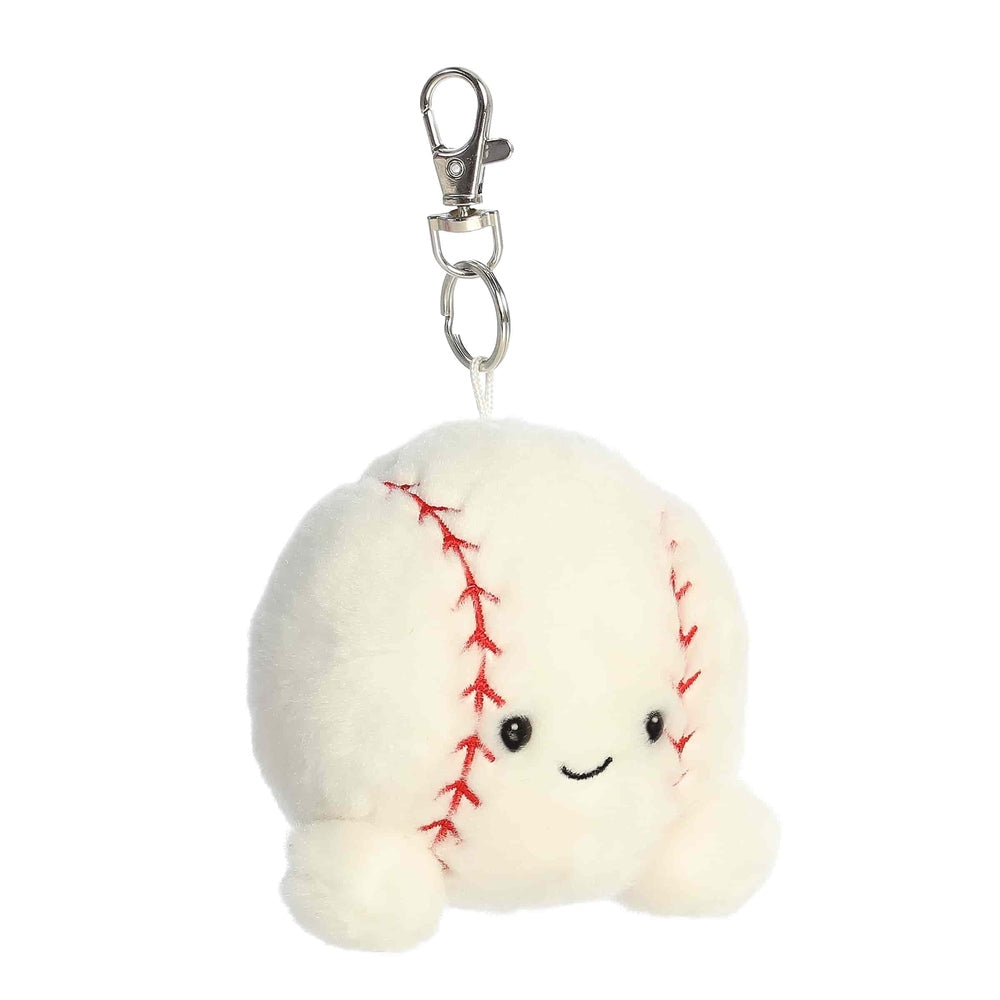 Aurora Palm Pals Slugger Baseball ClipOn plush keychain, 4", white ball with red stitches and a cute smile, clip attachment.