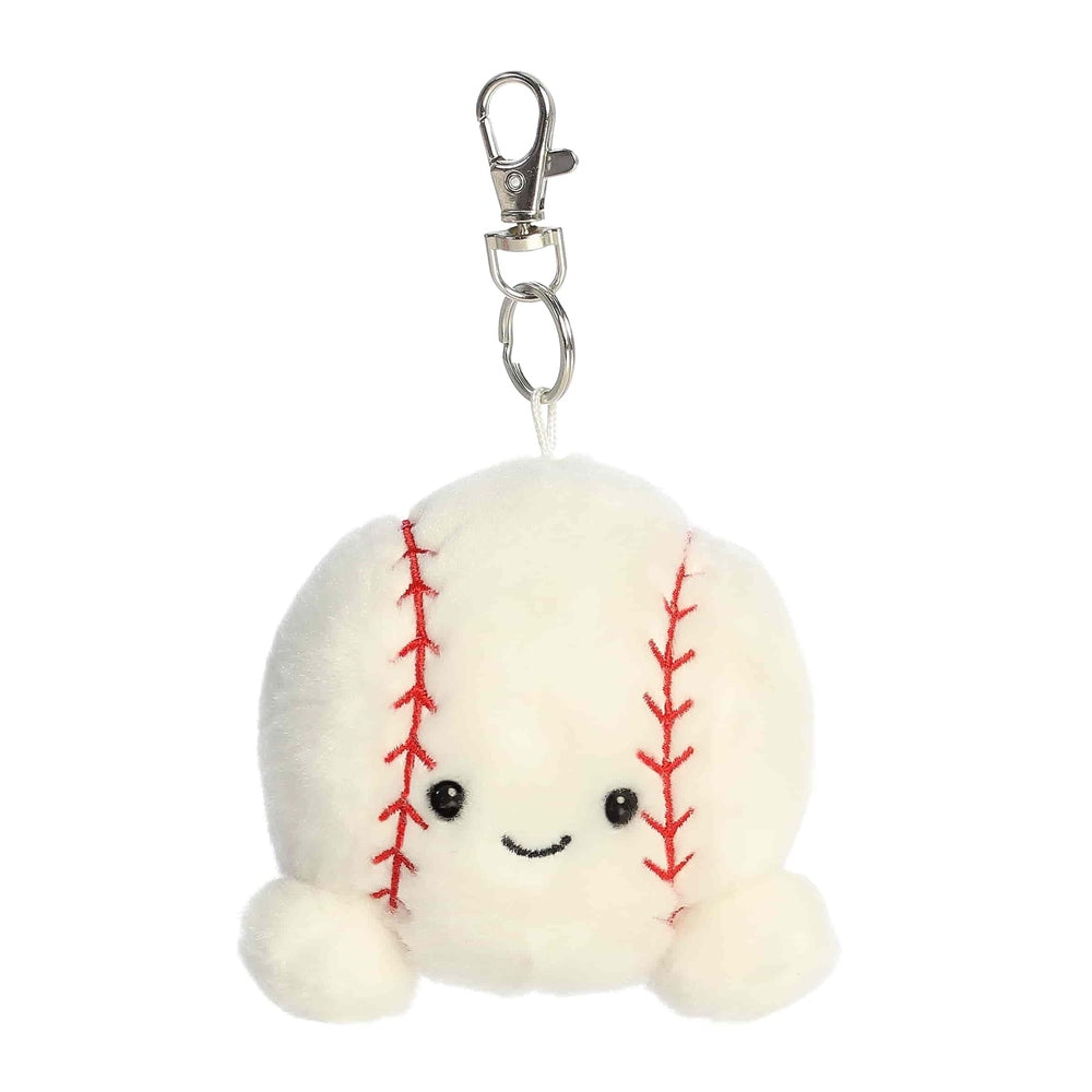 Aurora Palm Pals Slugger Baseball ClipOn 4" plush keychain featuring a cute white baseball with red stitches and a silver clip.