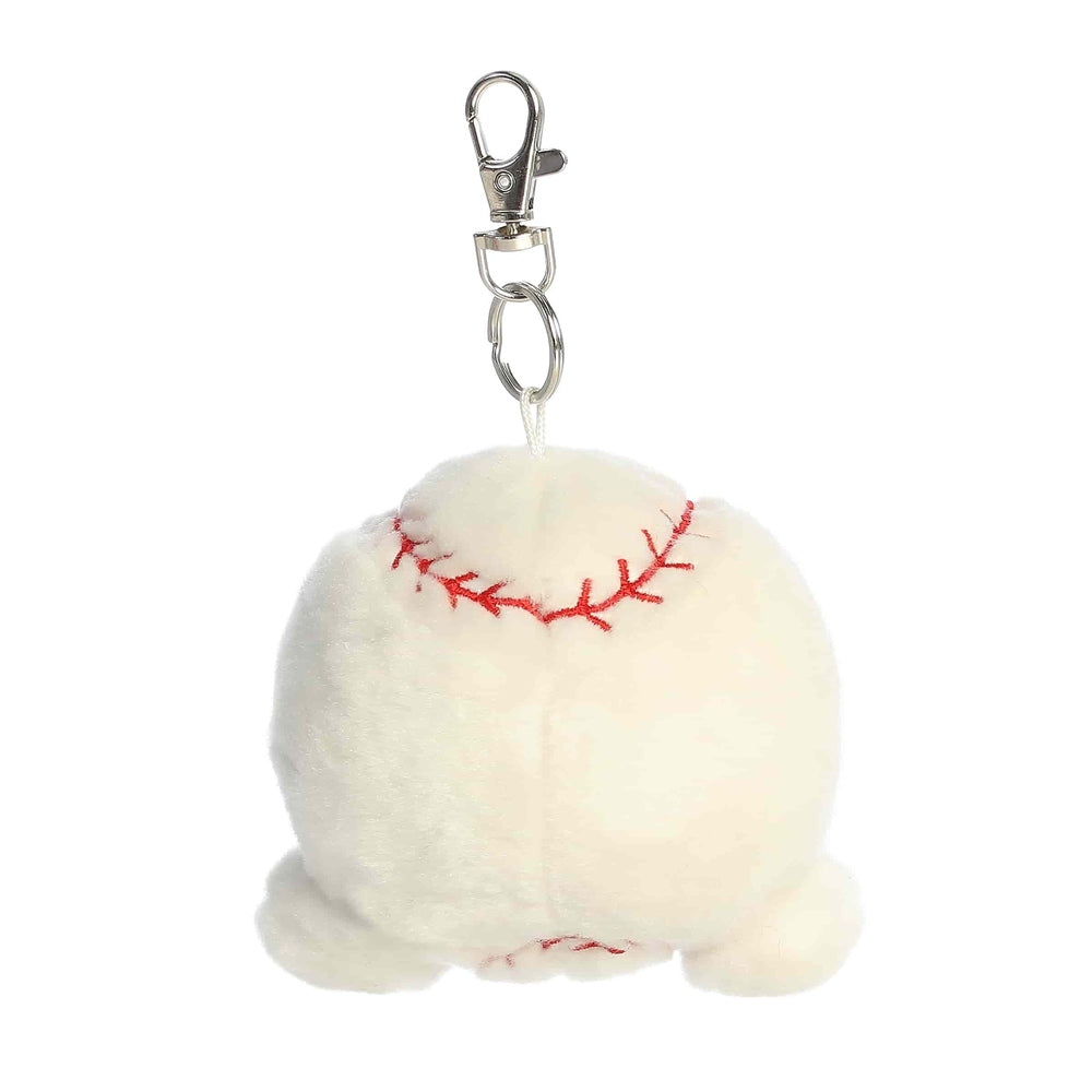 Aurora Palm Pals Slugger Baseball ClipOn 4" plush keychain, white with red stitching, attached to a metal clip.
