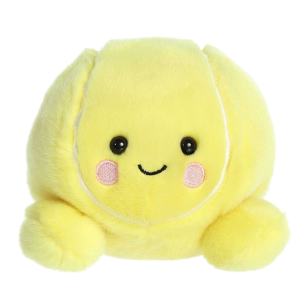 Aurora Palm Pals Tennis Ace 5-inch yellow plush with round body, black eyes, pink cheeks