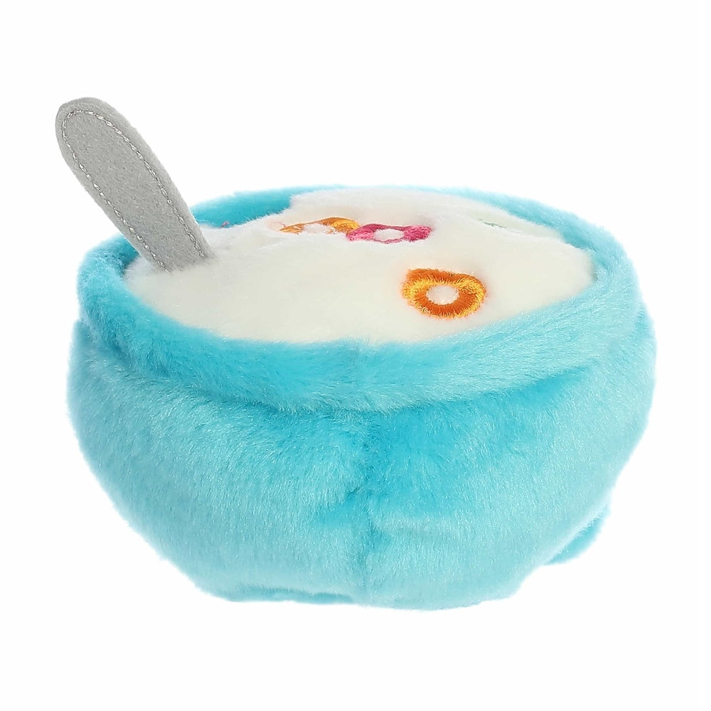 Aurora Palm Pals Trixie Cereal 5" plush, turquoise bowl with white top, embroidered flowers, spoon tucked in.