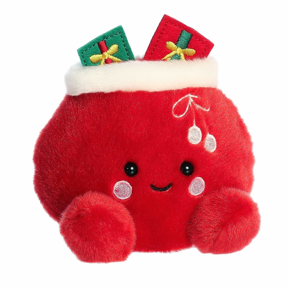 Aurora Palm Pals Velvet Santa Bag stuffed animal, red velvet with white fur trim and cherry embroidery