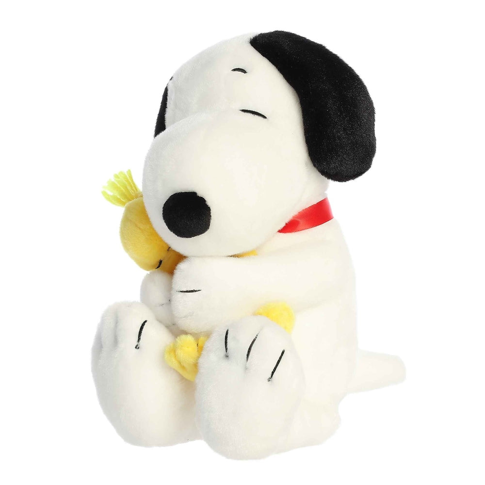 Aurora Snoopy and Woodstock 12-inch plush set; two stuffed animals, white Snoopy with black ears, yellow Woodstock