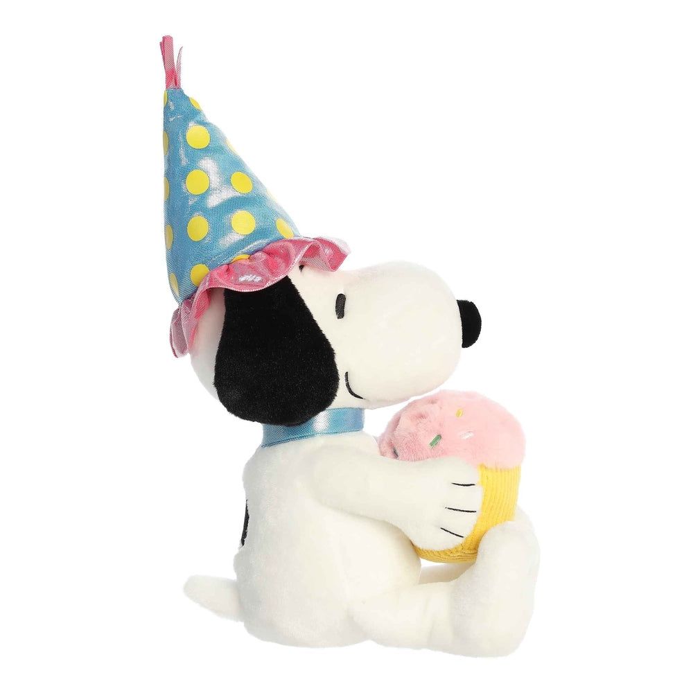 Aurora Snoopy 12in birthday plush with blue polka-dot party hat and pink ice cream cone