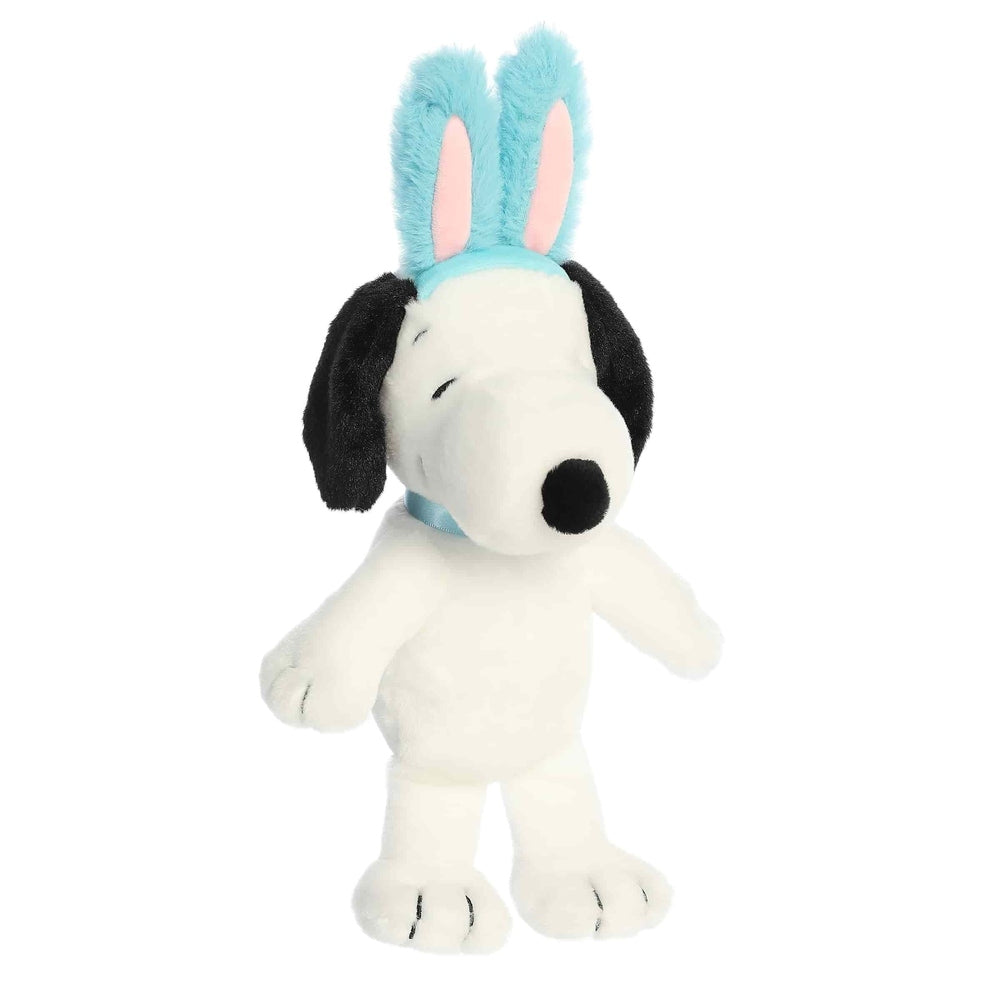 Aurora 8-inch Snoopy plush toy with blue bunny ears and white fur.