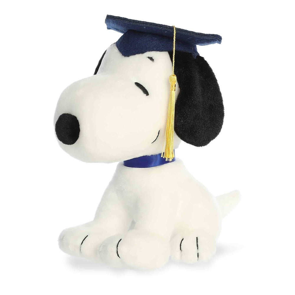 Aurora Snoopy graduation plush, 9in white dog with blue cap and gold tassel.