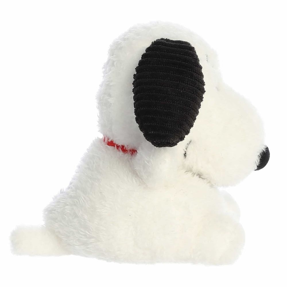 Snoopy Palm Pals plush, 5-inch white stuffed dog with black ear and red collar by Aurora