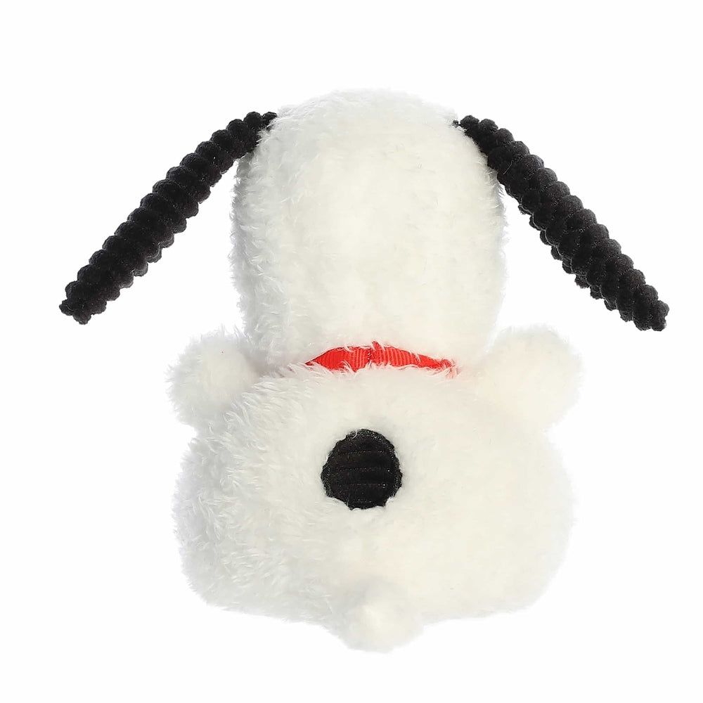 Aurora Snoopy Palm Pals 5-inch plush toy, white beagle with black floppy ears and red collar.