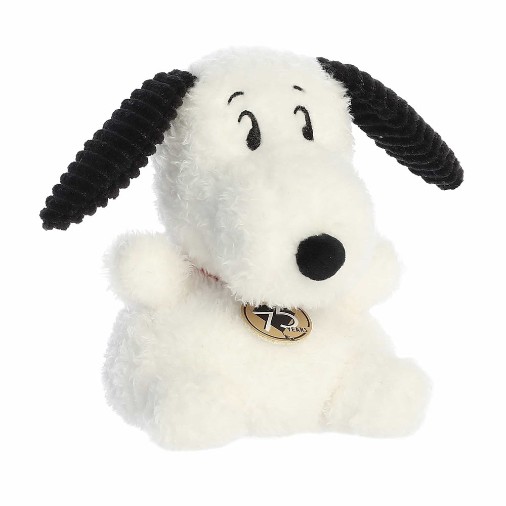 Aurora Snoopy Palm Pals stuffed animal, 5-inch white plush with black ears and 75th anniversary tag