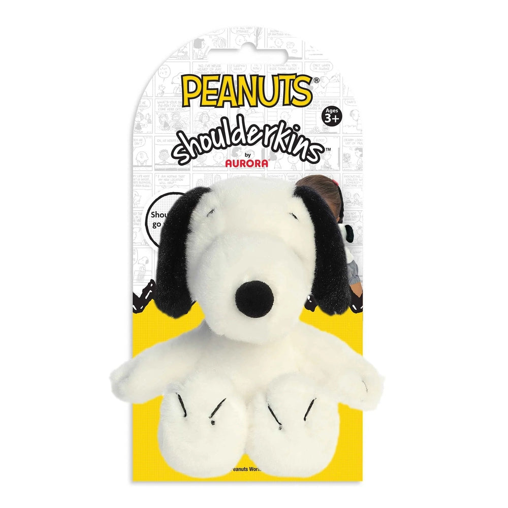 Aurora Snoopy 5-inch plush from Peanuts Shoulderkins; white stuffed animal with black ears on bright yellow packaging