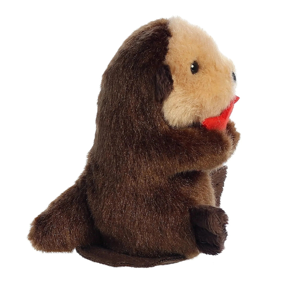 Aurora Shoulderkins Spiffy Otter 4.5" plush with brown fur, cream face, holding a red fish.