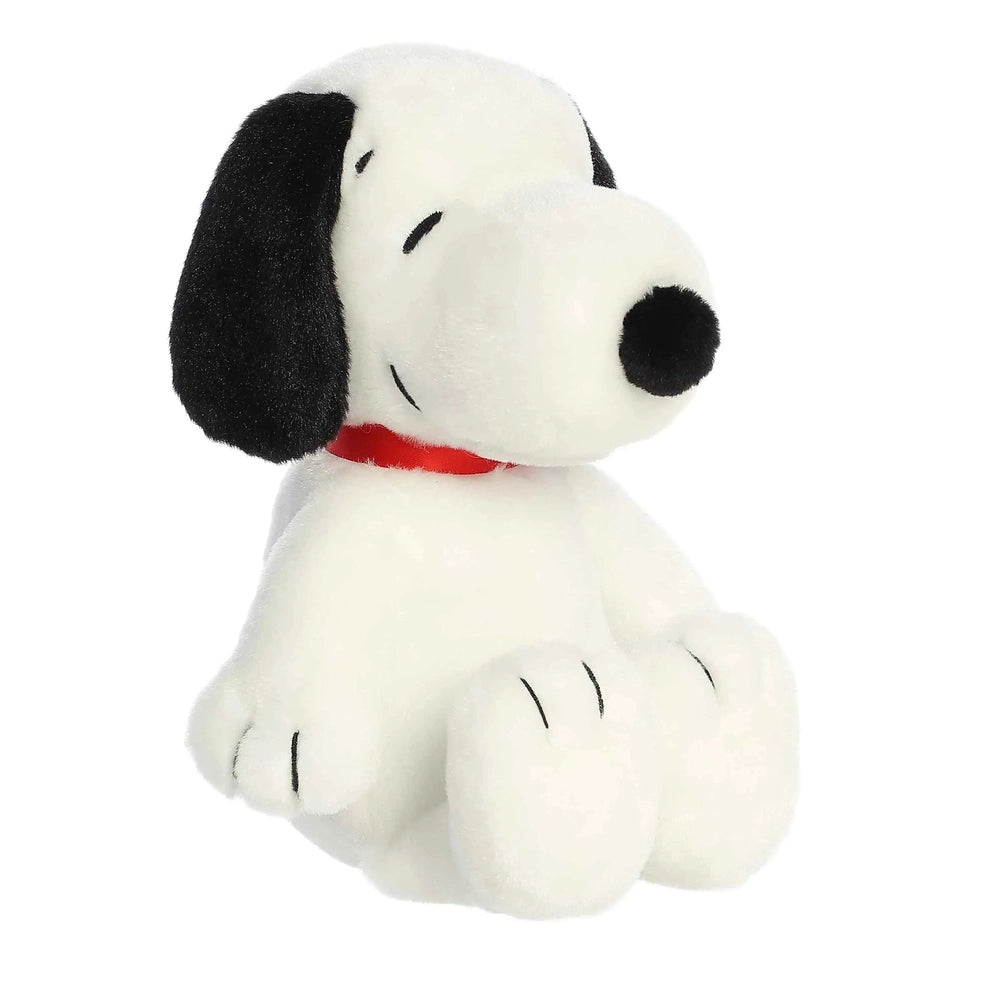 Aurora Snoopy 8" stuffed animal, white plush with black ears and red collar, seated pose.