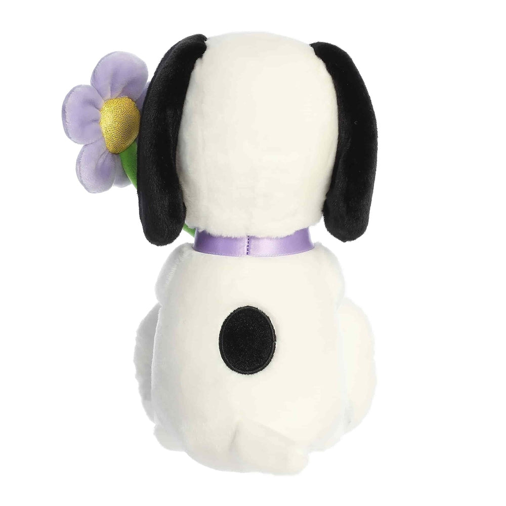 Snoopy plush toy, 11" Aurora Peanuts Spring Snoopy, white with black ears, lavender flower behind ear, purple collar