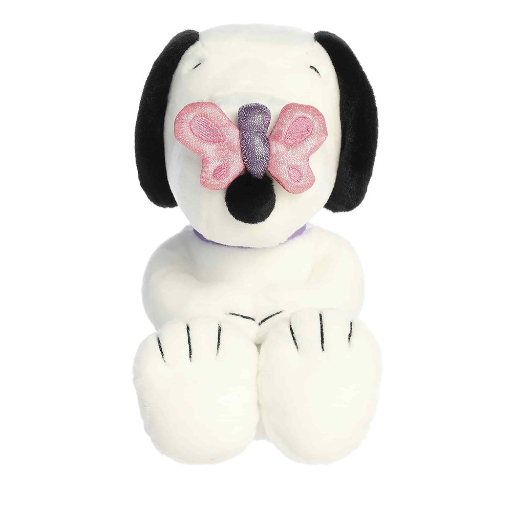 Aurora Snoopy 11-inch plush toy with white fur, black ears, pink bow and purple nose