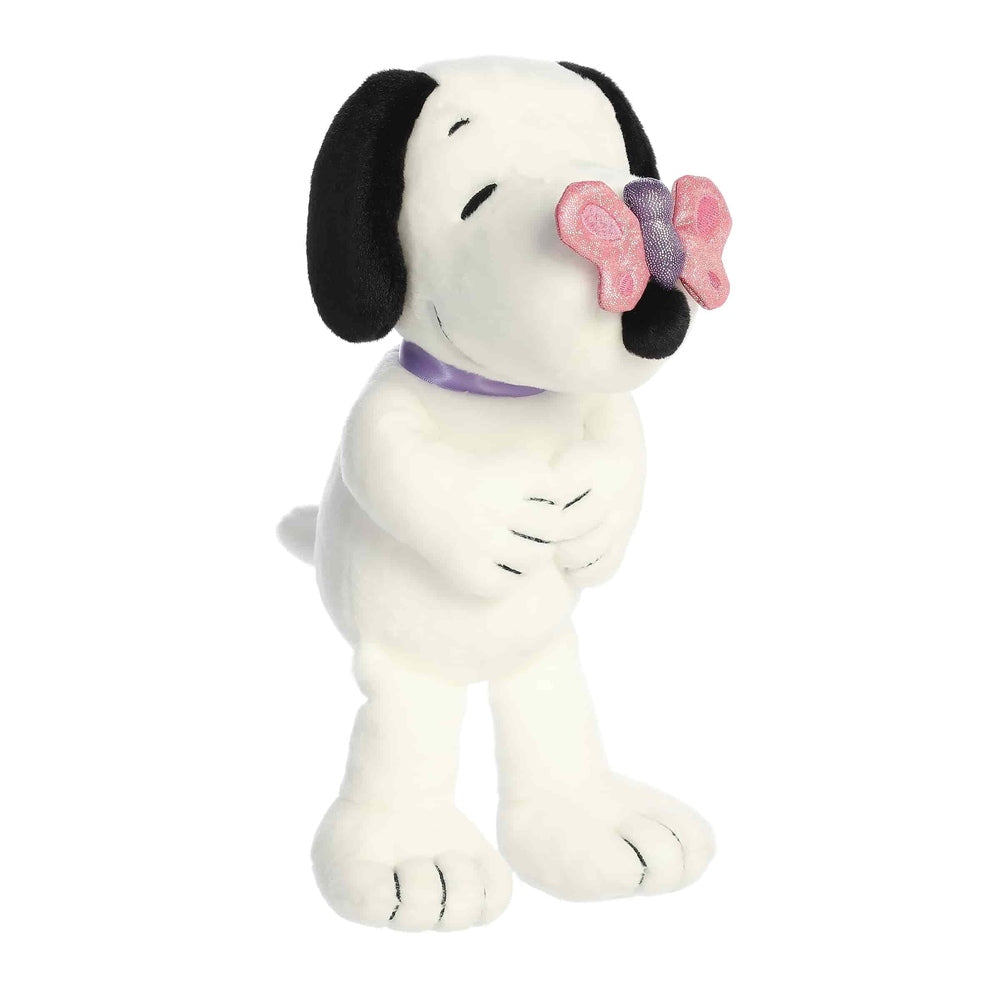 Aurora Snoopy 11-inch plush toy, white stuffed dog with black ears, pink bow and purple collar