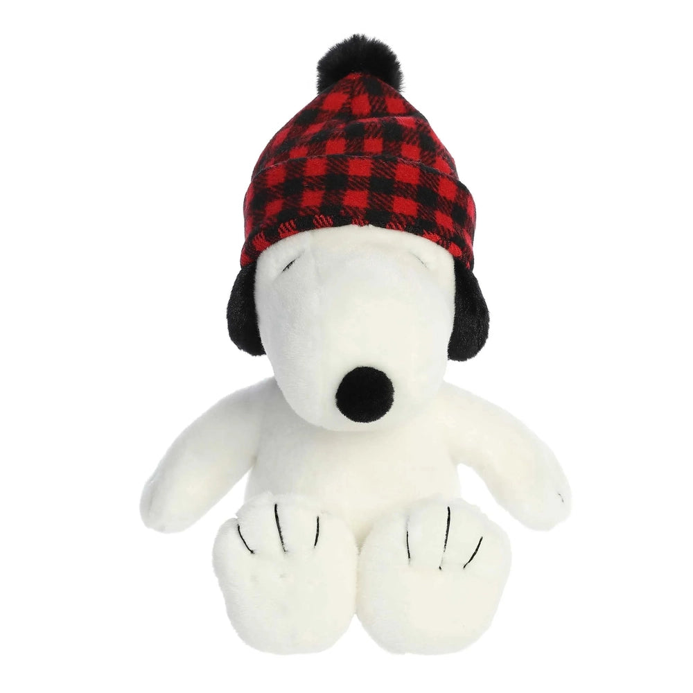 Aurora Snoopy 11" plush from Peanuts wearing a red plaid winter hat with black ears.