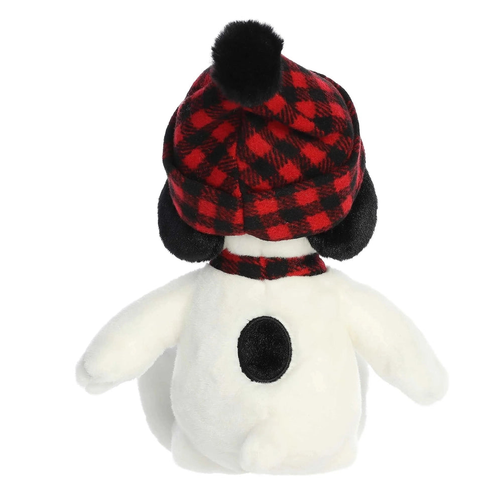 Aurora Snoopy Winter Hat plush stuffed animal; white body, red plaid hat with black pom.
