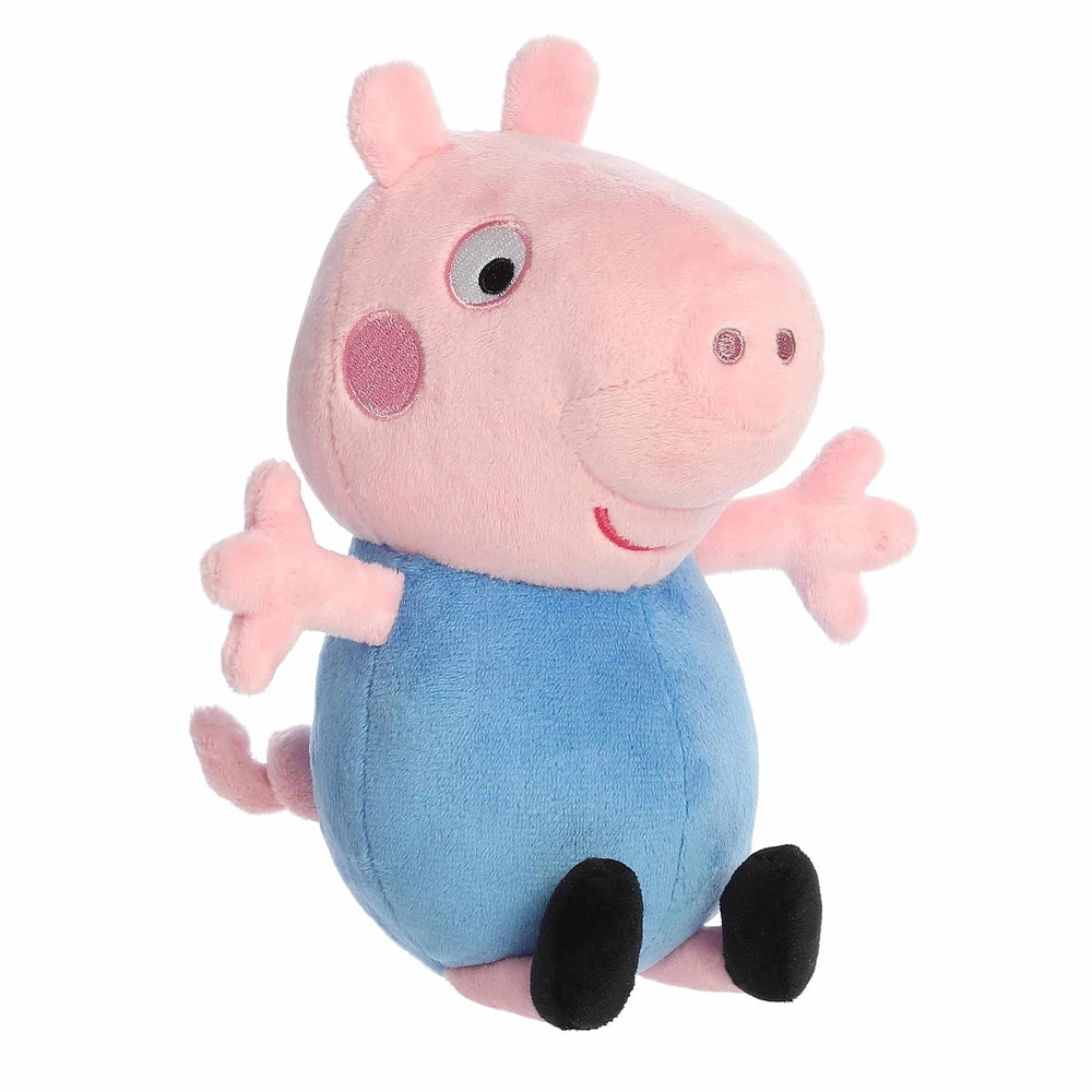 George Pig 8-inch plush stuffed animal by Aurora; pink head, blue body, black feet