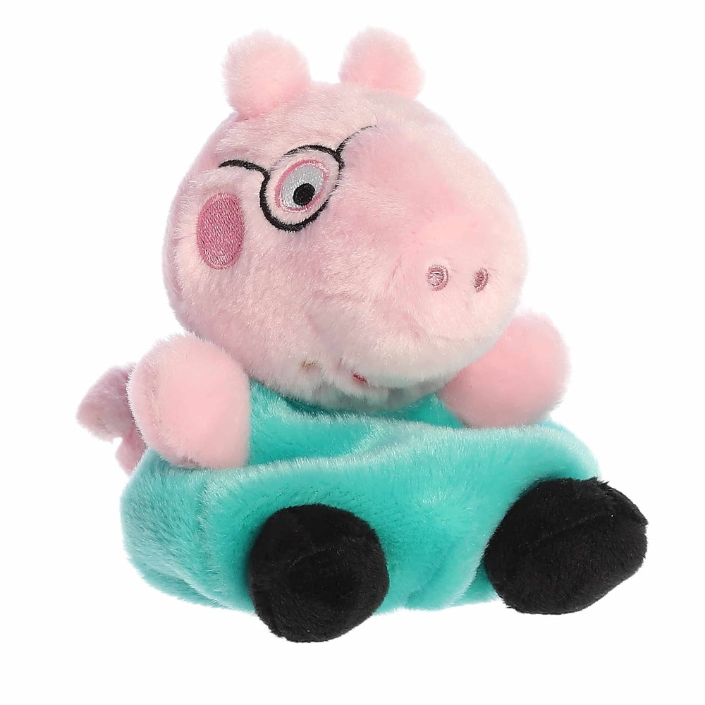 Aurora Daddy Pig Palm Pals plush, 5-inch pink pig with teal pants and black feet