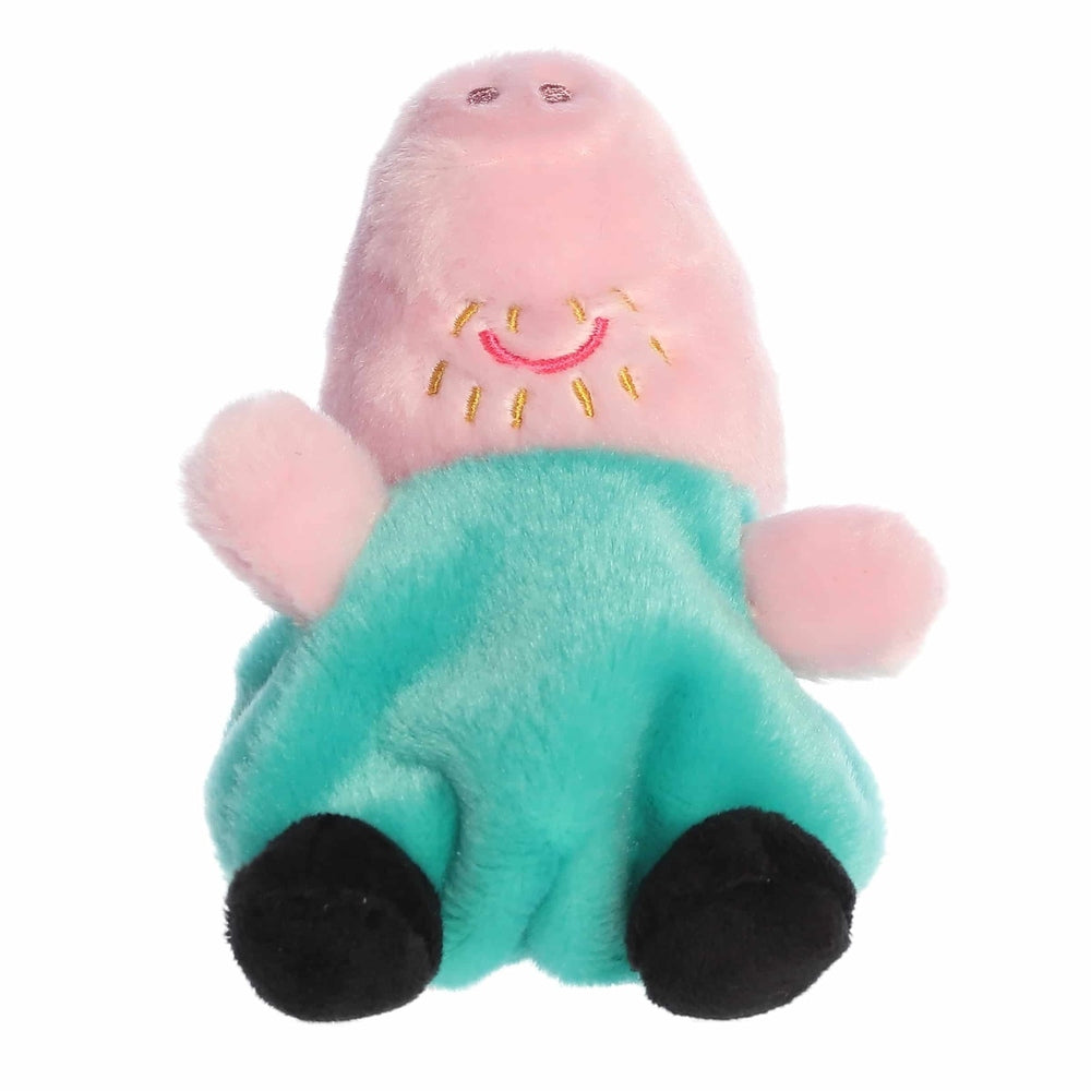 Aurora Peppa Pig Palm Pals Daddy Pig stuffed toy, pink head, teal pants, black feet, 5 inches