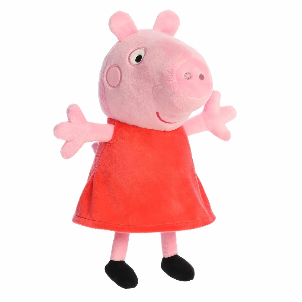 Aurora Peppa Pig stuffed animal plush, pink character in red dress with black shoes