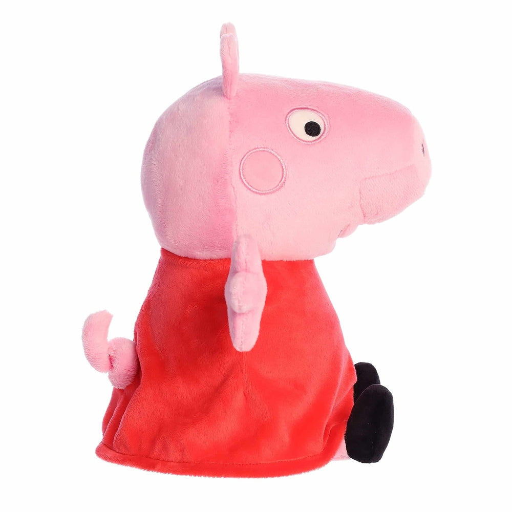 Aurora Peppa Pig plush stuffed toy, pink head and red dress, soft fabric