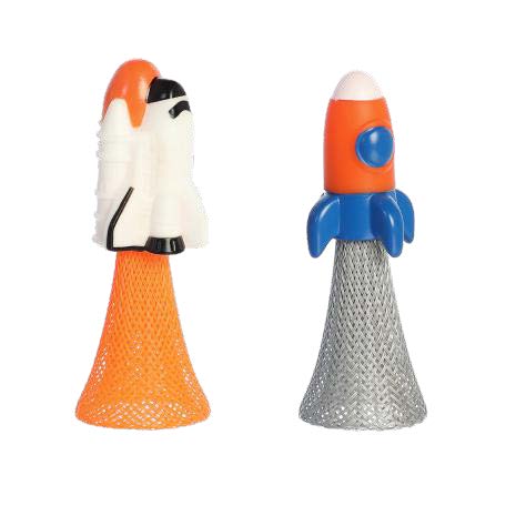Two space poppers: white-and-orange rocket with orange mesh tail; blue-and-orange rocket with gray mesh tail.