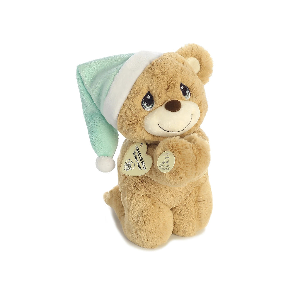 Stuffed animal Charlie Prayer Bear by Aurora, 10-inch tan plush with mint hat.