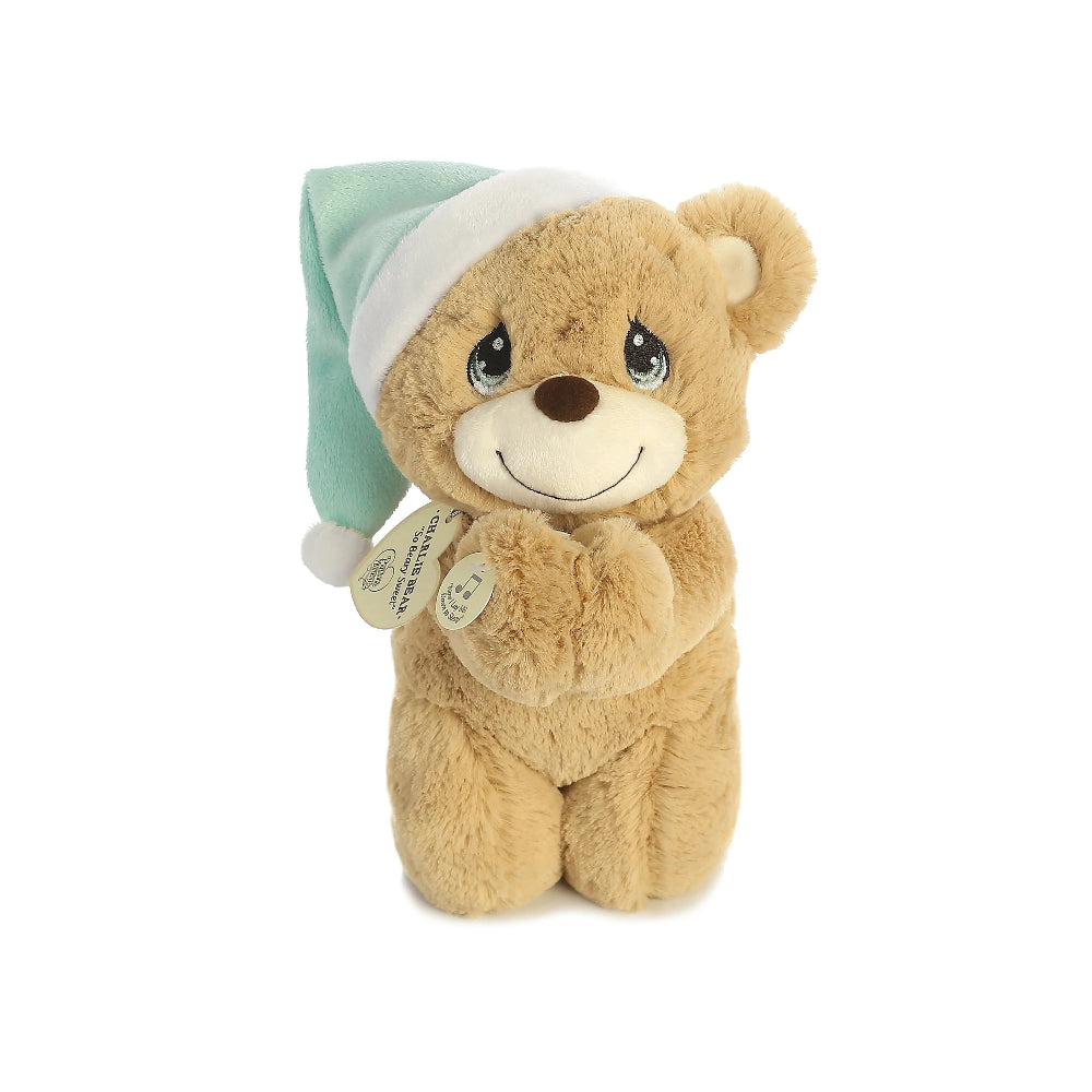 Aurora Precious Moments Charlie Prayer Bear 10in plush in tan with mint green Santa hat