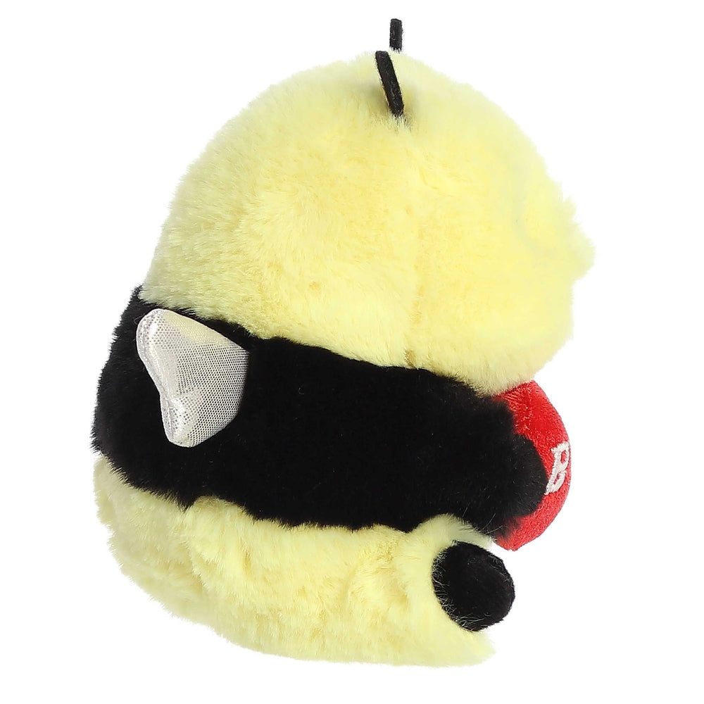 5-inch yellow bee plush with black band around middle, white wing, red nose, and hanging loop.