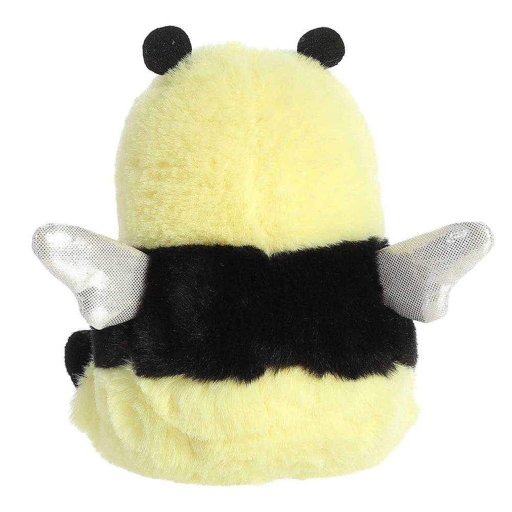 Back view of 5-inch yellow plush bee toy with black midsection, fuzzy fur, and silver mesh wings.