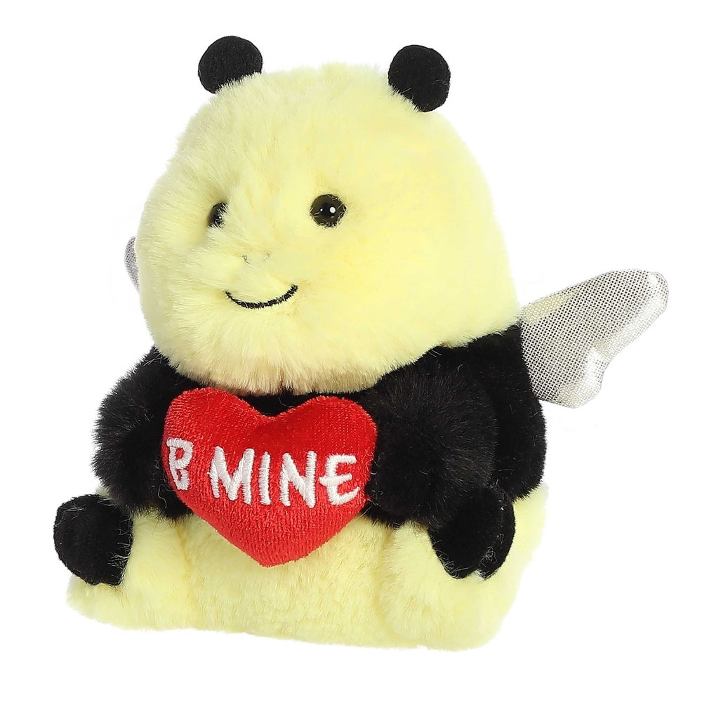 Yellow plush bee stuffed toy with black accents, silver mesh wings, and a red heart reading B MINE