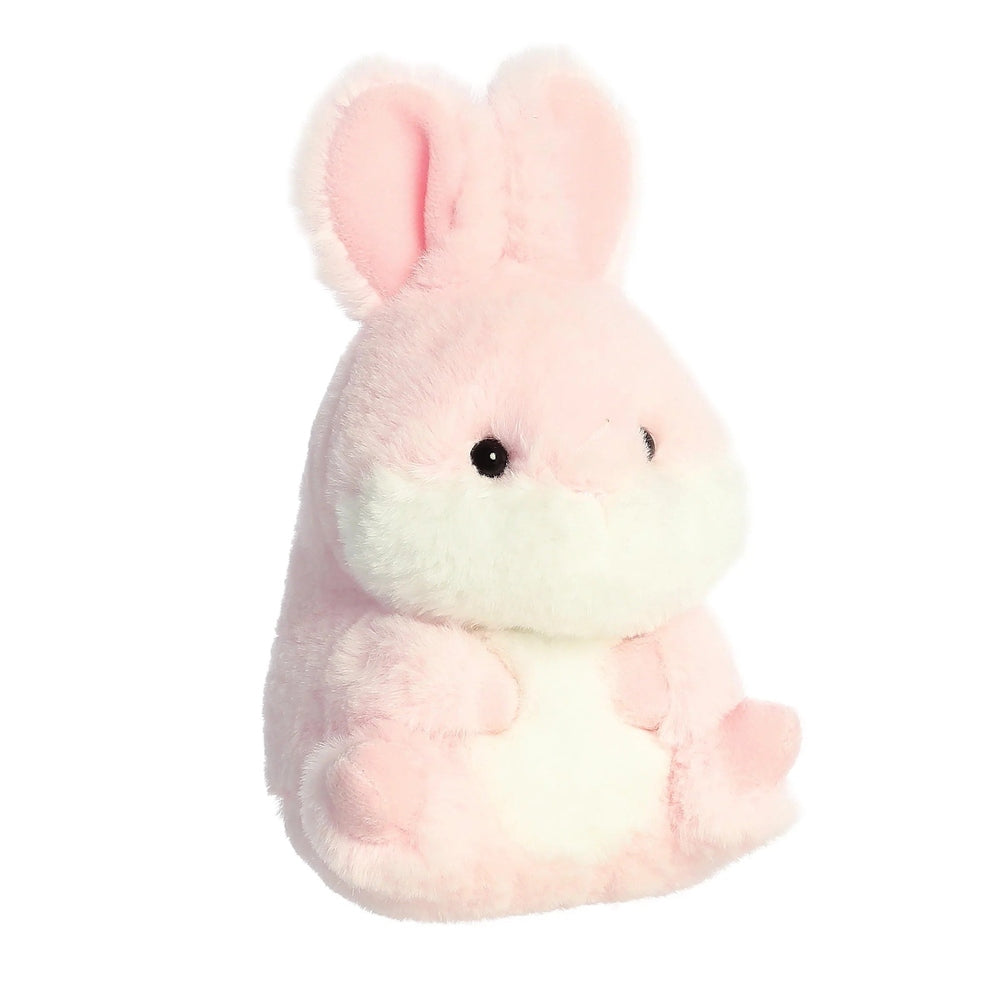 Aurora Rolly Pet Bunny 5-inch plush stuffed animal in soft pink with white belly