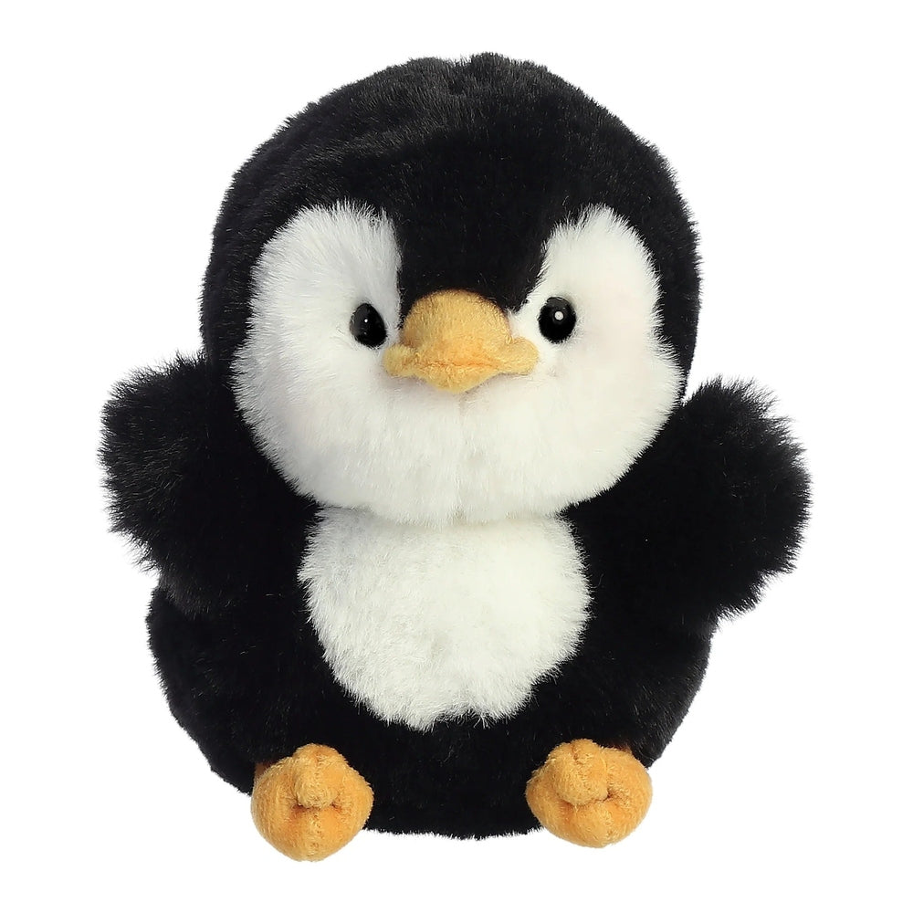 Aurora Rolly Pet Peewee Penguin plush toy, 5-inch black and white stuffed animal with orange beak and feet.