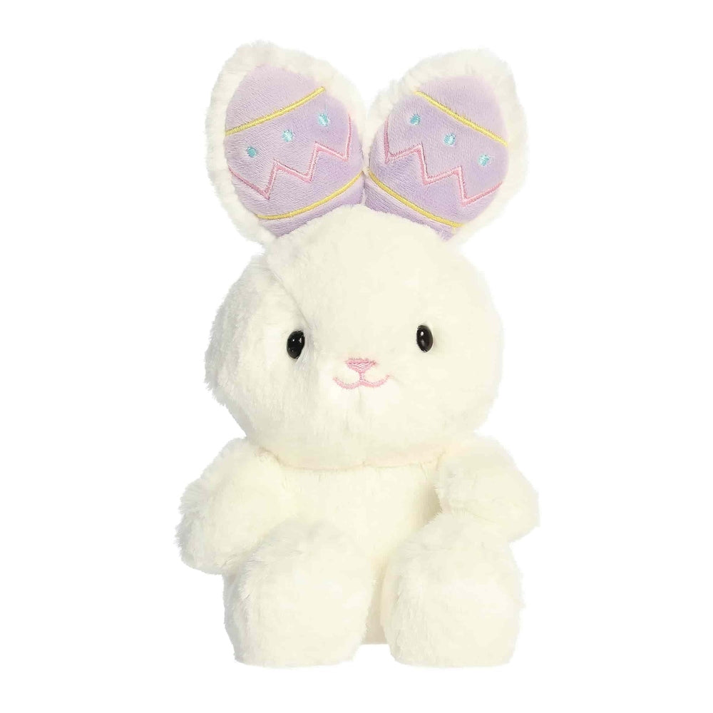Aurora 9-inch plush bunny from Spring Confections with white fur and lavender patterned ears