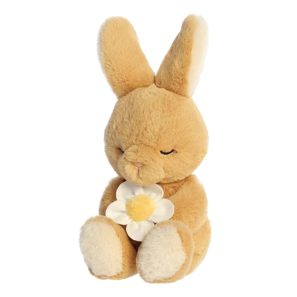 Aurora Spring Flower Blossom Bunny plush, 10-inch tan stuffed animal with white-yellow flower.
