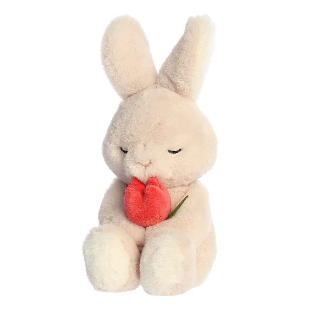 Aurora Spring Flower Blossom Bunny plush, 10-inch cream stuffed toy holding a red flower