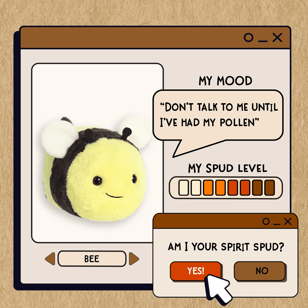 Aurora Spudsters Bee 10" plush seated on a screen mockup, smiling yellow-and-black bee with white ears.