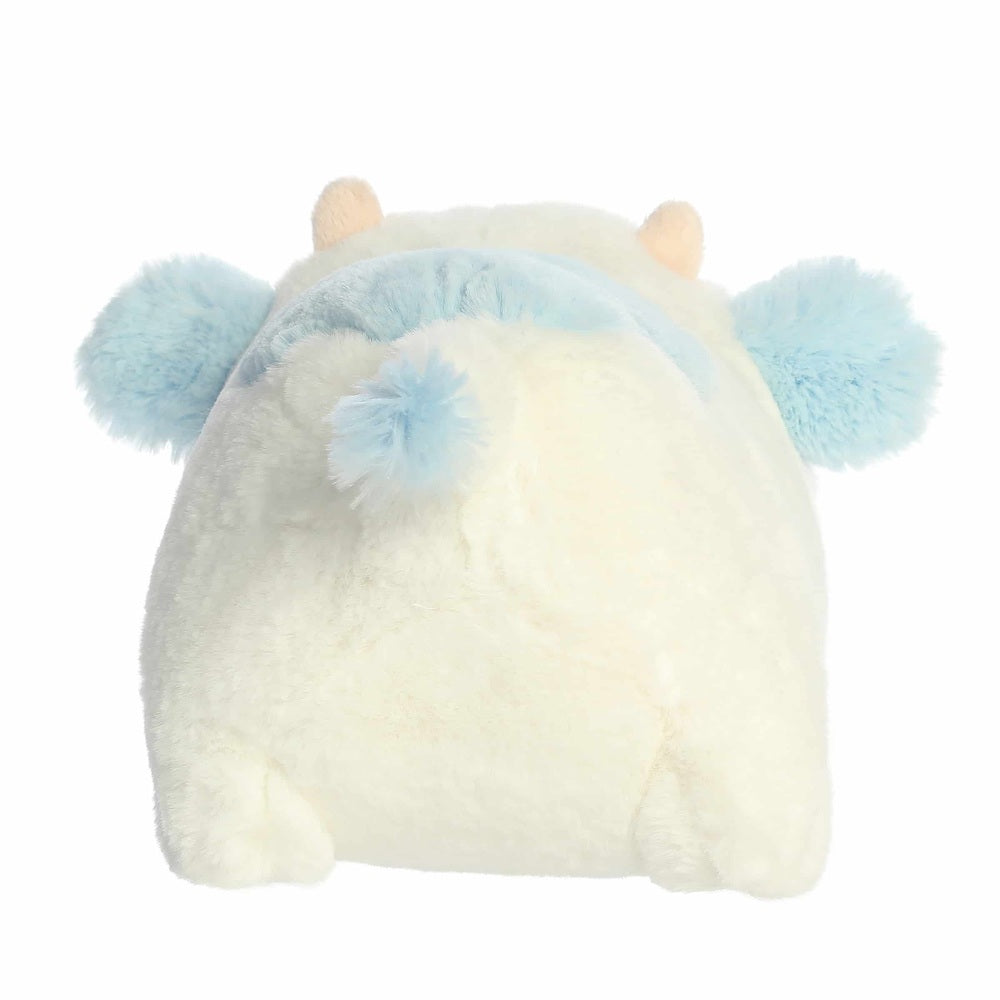 Aurora Spudsters Bonnie Blueberry Cow 10-inch plush toy with cream body and blue ears, seated.