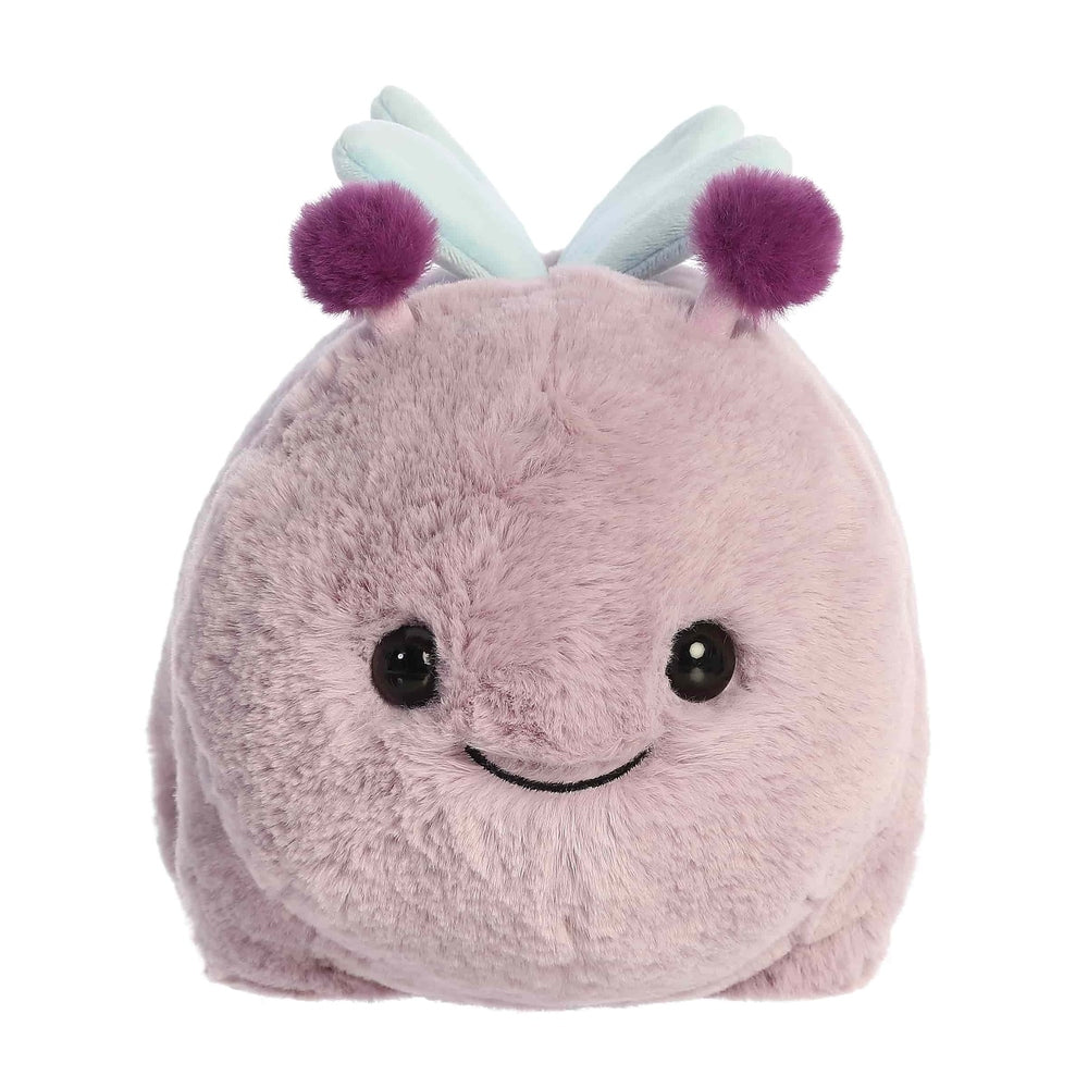 Aurora Spudsters Brielle Butterfly 10-inch plush toy with soft pink body, blue wings and purple pom-poms