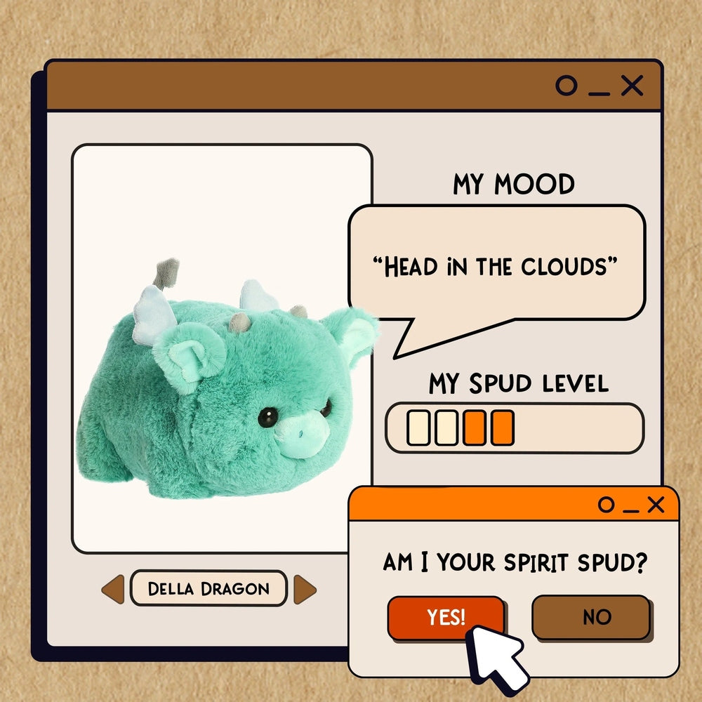 Aurora Spudsters Della Dragon 10" turquoise plush toy shown as a cuddly stuffed dragon in a playful computer window scene.