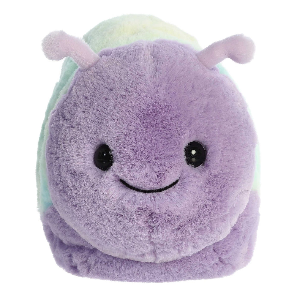 Aurora Spudsters Emily Snail 10-inch plush toy with lavender body, pastel shell, and friendly smile.